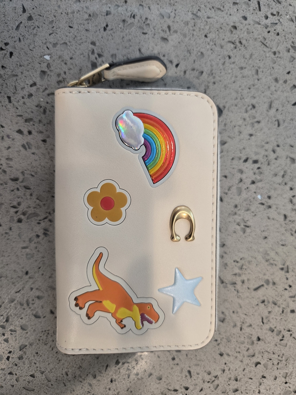 Cream Kids Zip Wallet with Rainbow & Dinosaur Stickers